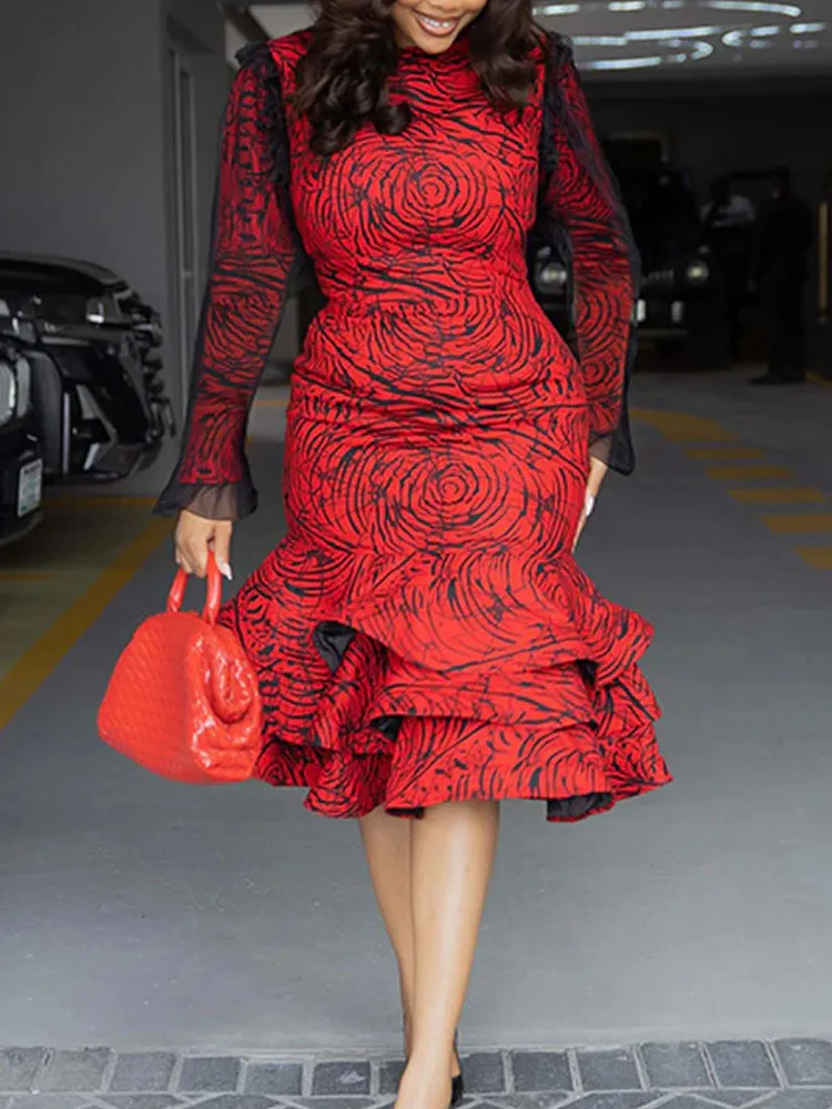 Doyerl impressão malha manga longa festa de aniversário vestido feminino club wear festa noite bainha em cascata babados hem bodycon midi vestido