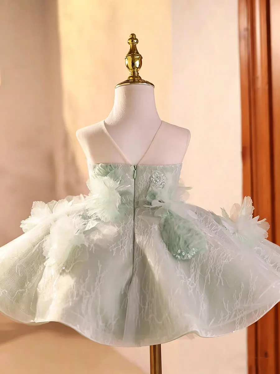 Dreamy Vow D259 Sage Green Flower Girl Dress 3D Floral Applique Kids Wedding Dress Puffy Tulle Princess Gown for Girls Birthday