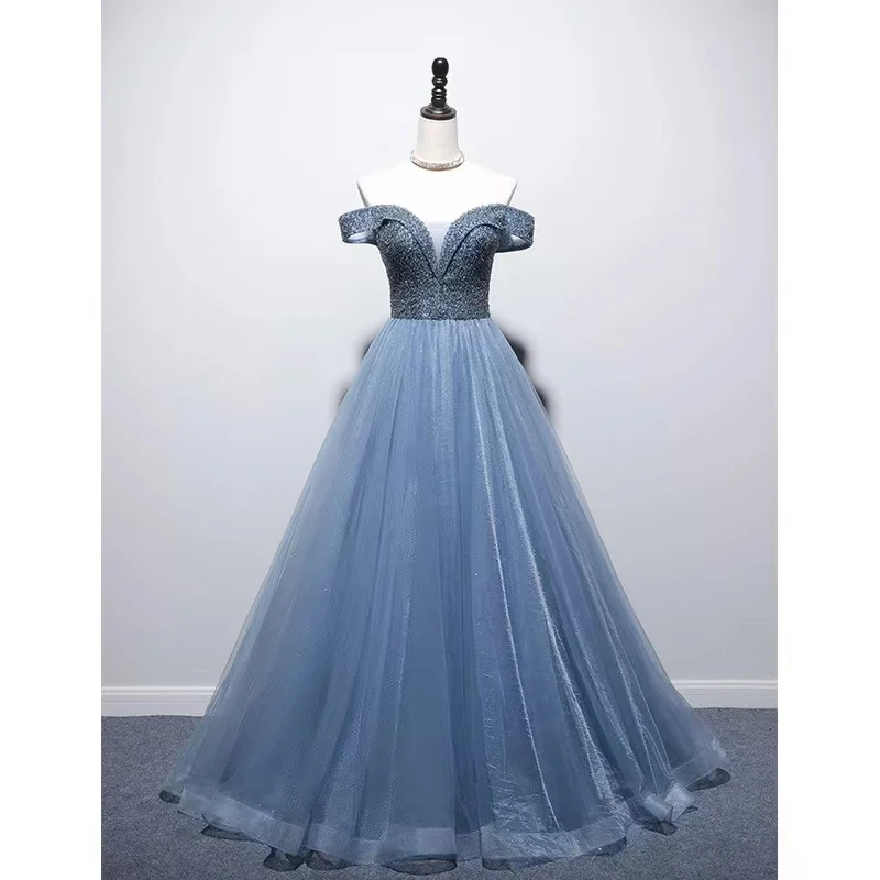 Palace Blue-vestidos de baile de graduación con hombros descubiertos, línea A, lujo, cuentas brillantes, tul con cordones en la espalda, vestido de noche para dama de honor, nuevo