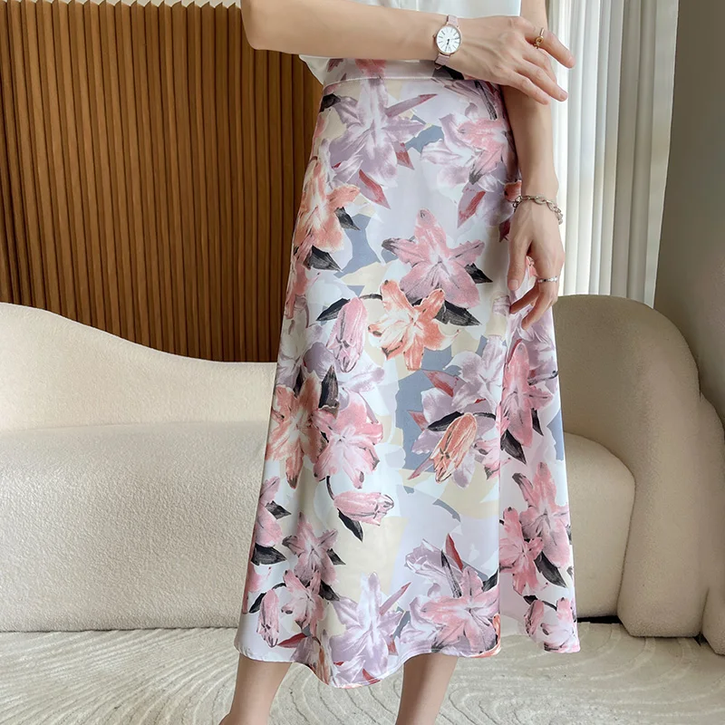 Damen Satin Rock Frauen Hohe Taille Lange Röcke Für Frauen Frühling Sommer Tie Dye Midi Rock Büro Dame Elegante frauen Röcke ﻿