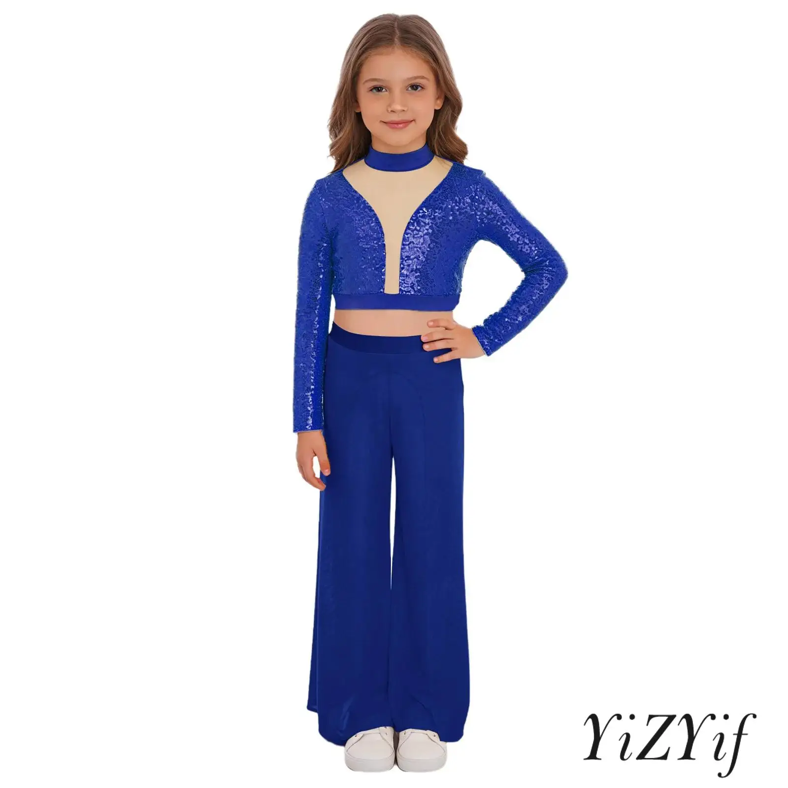 

Kids Girls Lyrical Dance Costume Cutout Back Shiny Sequins Crop Top with Wide-Leg Mesh Pants Set for Ballet Latin Dance Practice