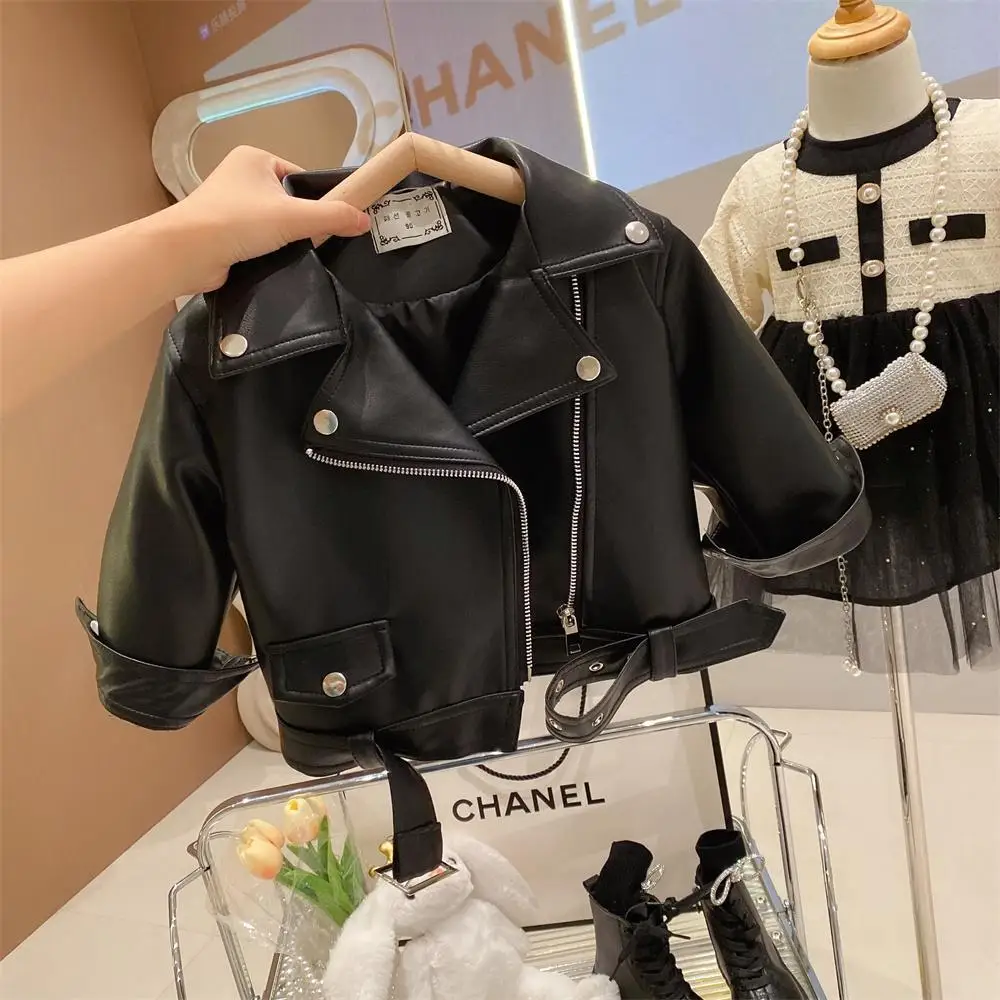 Girls Lapel Motorcycle Leather Jacket Spring and Autumn New Korean Little Girls Stylish and Trendy Leather Jacket Trend