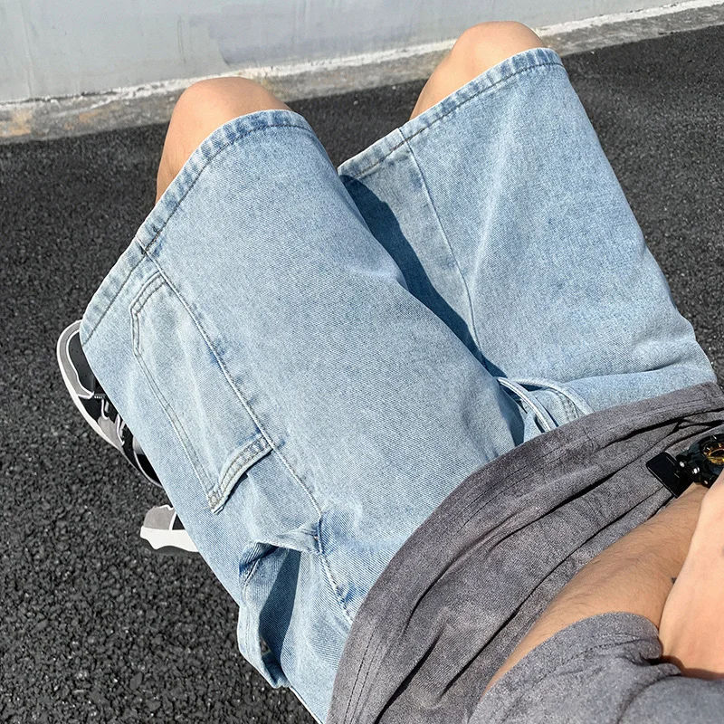 Shorts jeans largos azuis estilo coreano para homens, roupa de trabalho de perna larga, bolso grande, roupa de rua, nova, verão, 2023