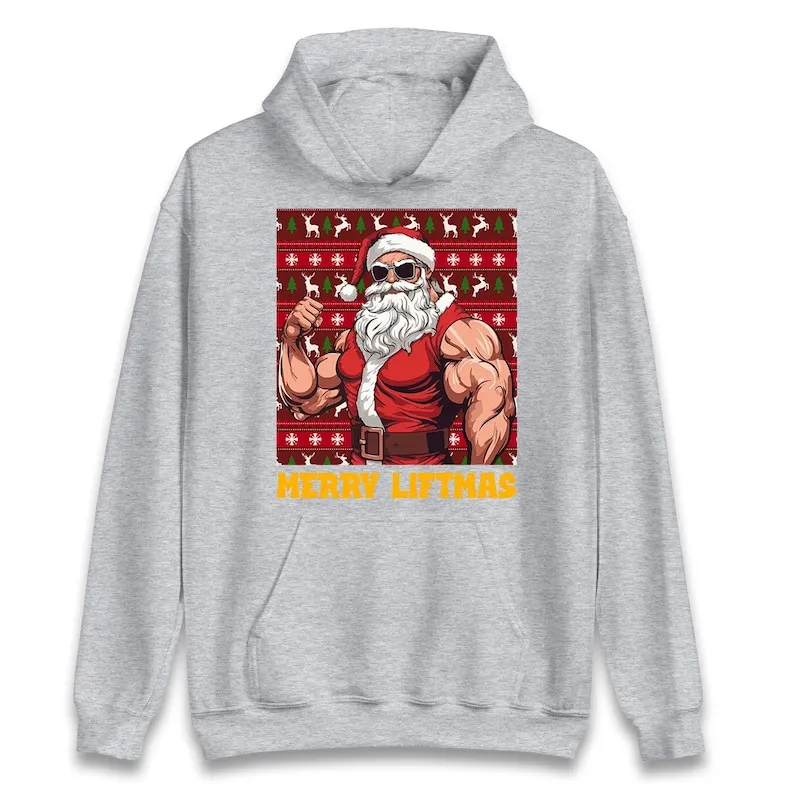 Merry Liftmas Divertente Babbo Natale Maglione Felpa con cappuccio da palestra natalizia Bodybuilder natalizio Allenamento modello creativo Pullover primaverile e autunnale
