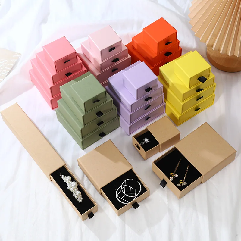 Caja deslizante con cajón de cartón para embalaje de accesorios de joyería, caja de anillos de regalo para fiesta de boda y compromiso con esponja negra, 12 Uds.
