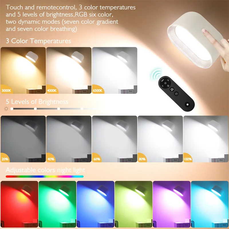 Wireless Remote Control Wall Lamp Touch Control 360 Rotatable RGB Color USB Recharge Night Light For Bedroom Reading Lamp