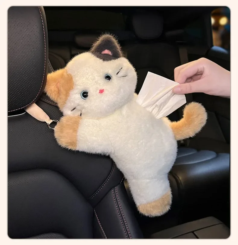 1Pc Cartoon Cat Car Tissue Box Creative Doll Universal Car Hanging Pumping Box Cute Plush Vehicle Tissue Case Paper Hanging Bag