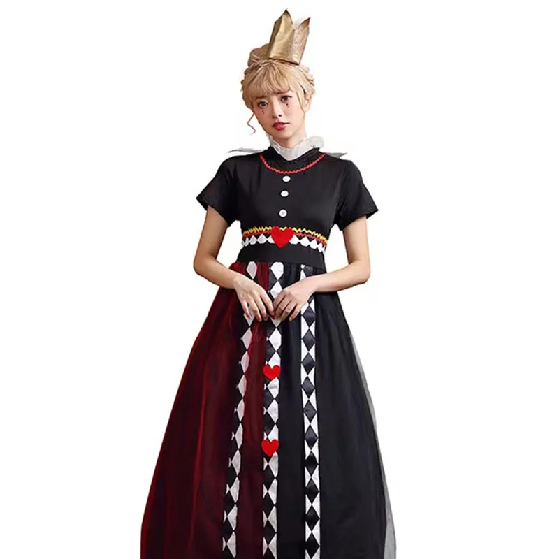 Women Halloween Red Queen Of Poker Costumes Female Princess Alice Cosplay Purim Carnival Nightclub Bar Role Playing Party Dress