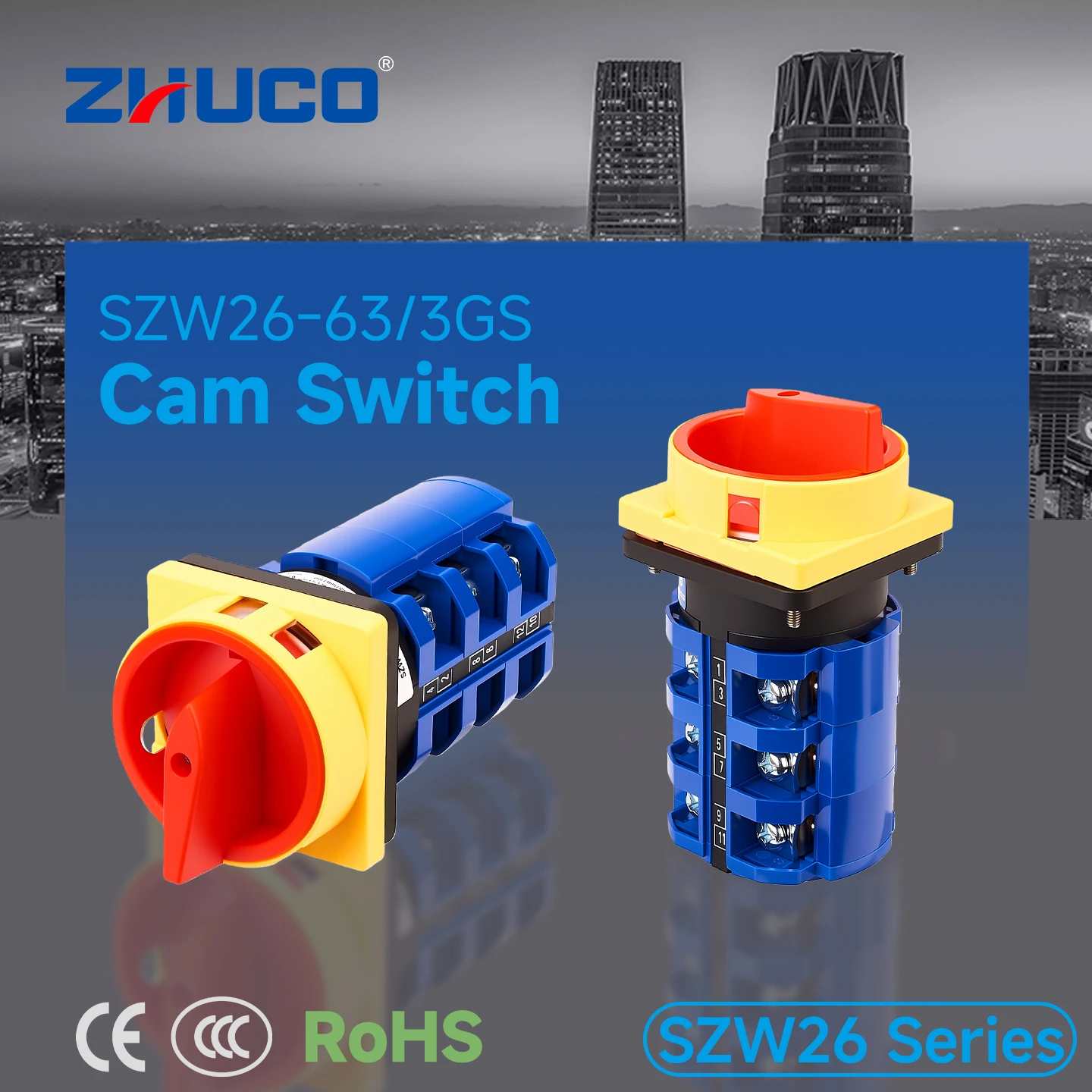 Zhuco 2-Position Selector Switch 63A 690V, 12-Terminal Universal Rotary Cam Selector with Locking Switch, Suitable for Distribution Cabinets, Machine Tools, Industrial Panels (Szw26-63/3Gs, on Off, Off on)