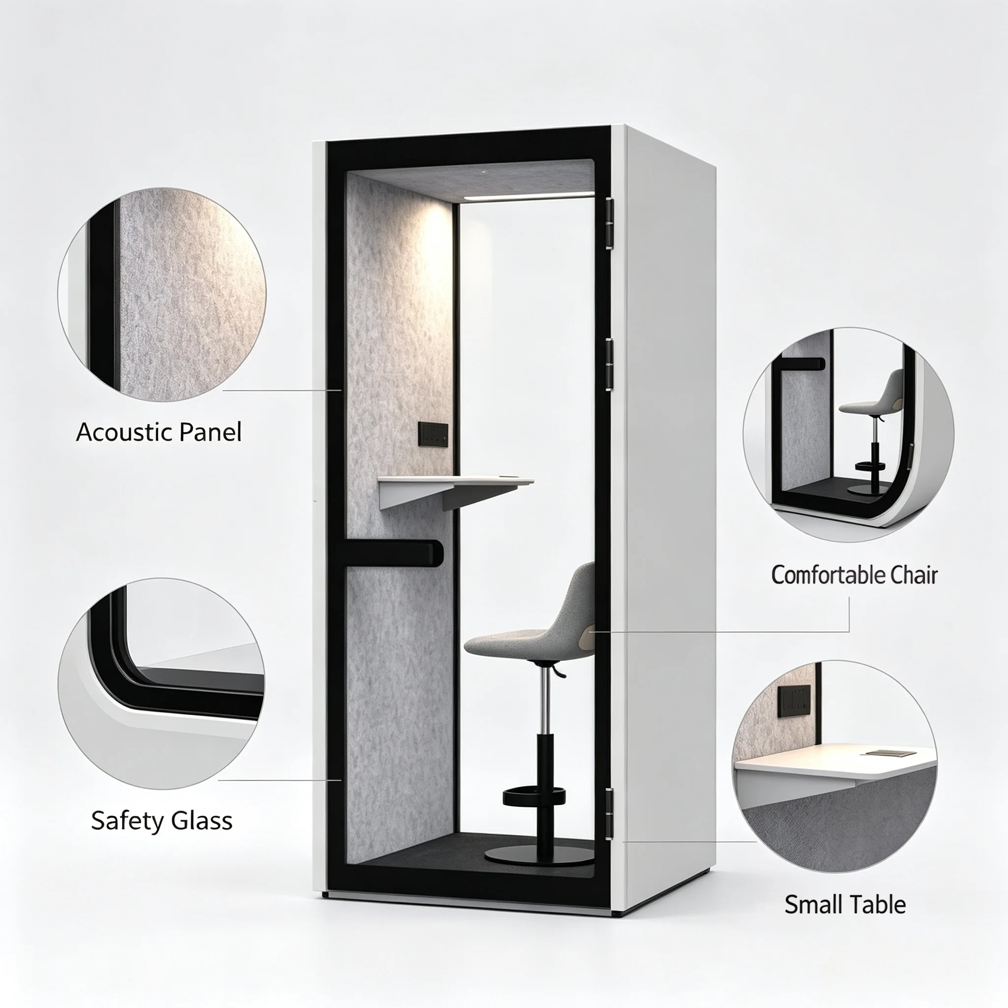Office Pods Soundproof Booth Aluminum Office Building Commercial Indoor Use Modern Design Freestanding Pod Single LED Lighting