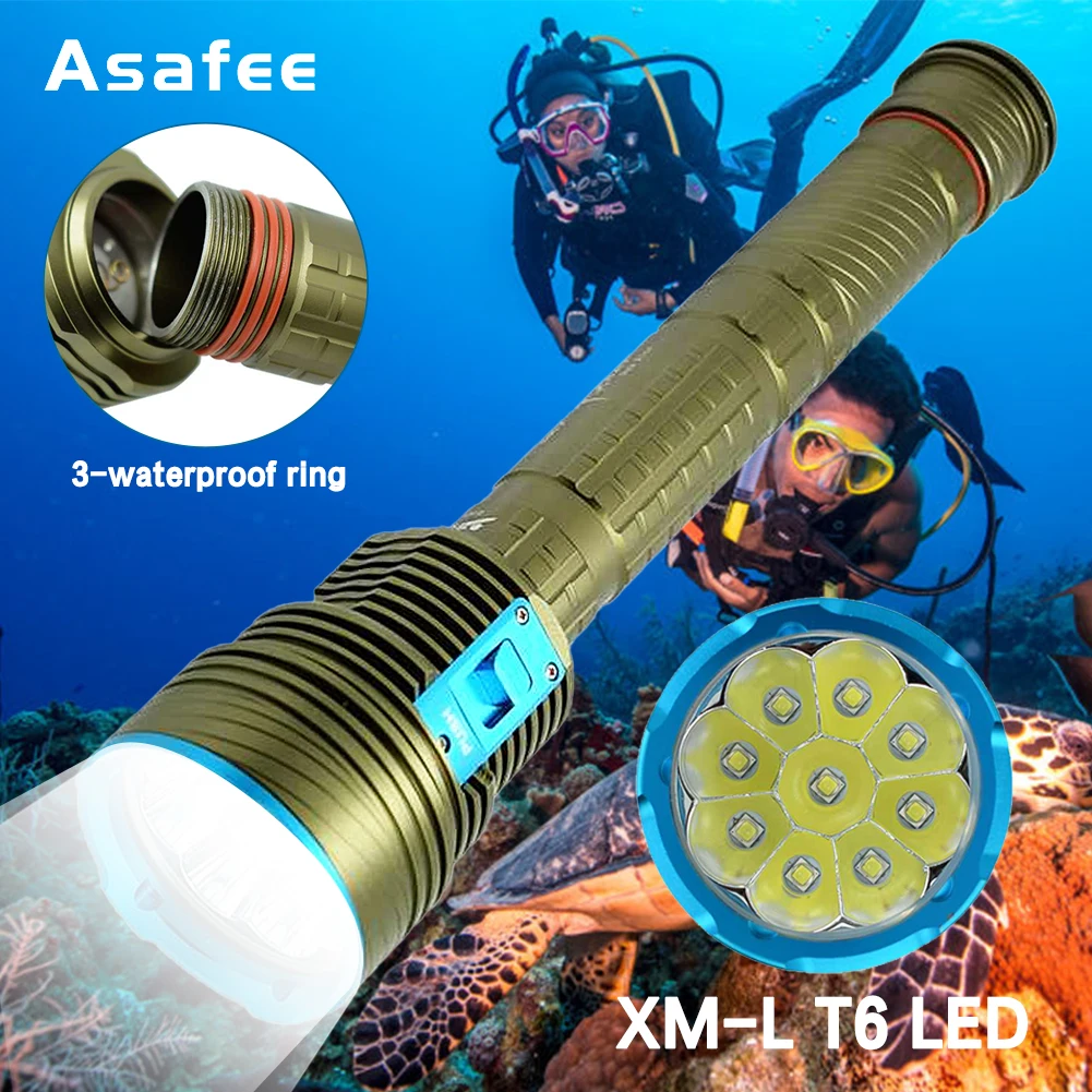 Asafee 100M Underwater T6 LED White Light Diving Flashlight 5000LM 100M Range Torch Waterproof 18650 Battery Lantern