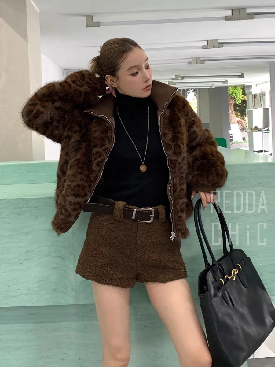 REDDACHiC Women Cropped Leopard Faux Fur Coat Turtleneck Zip-up Shaggy Thicken Warm Bomber Jacket Vintage Harajuku Outerwear