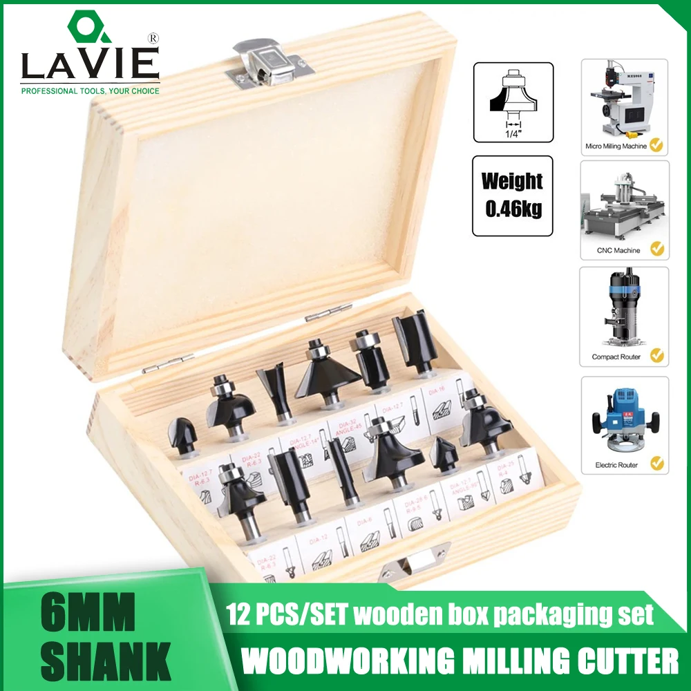 

LAVIE 12pcs/Sst 6mm Shank Router Bit Set Trimming Straight Milling Cutter Wood Bits Milling Cutter Set Cnc Woodworking Tools 공구