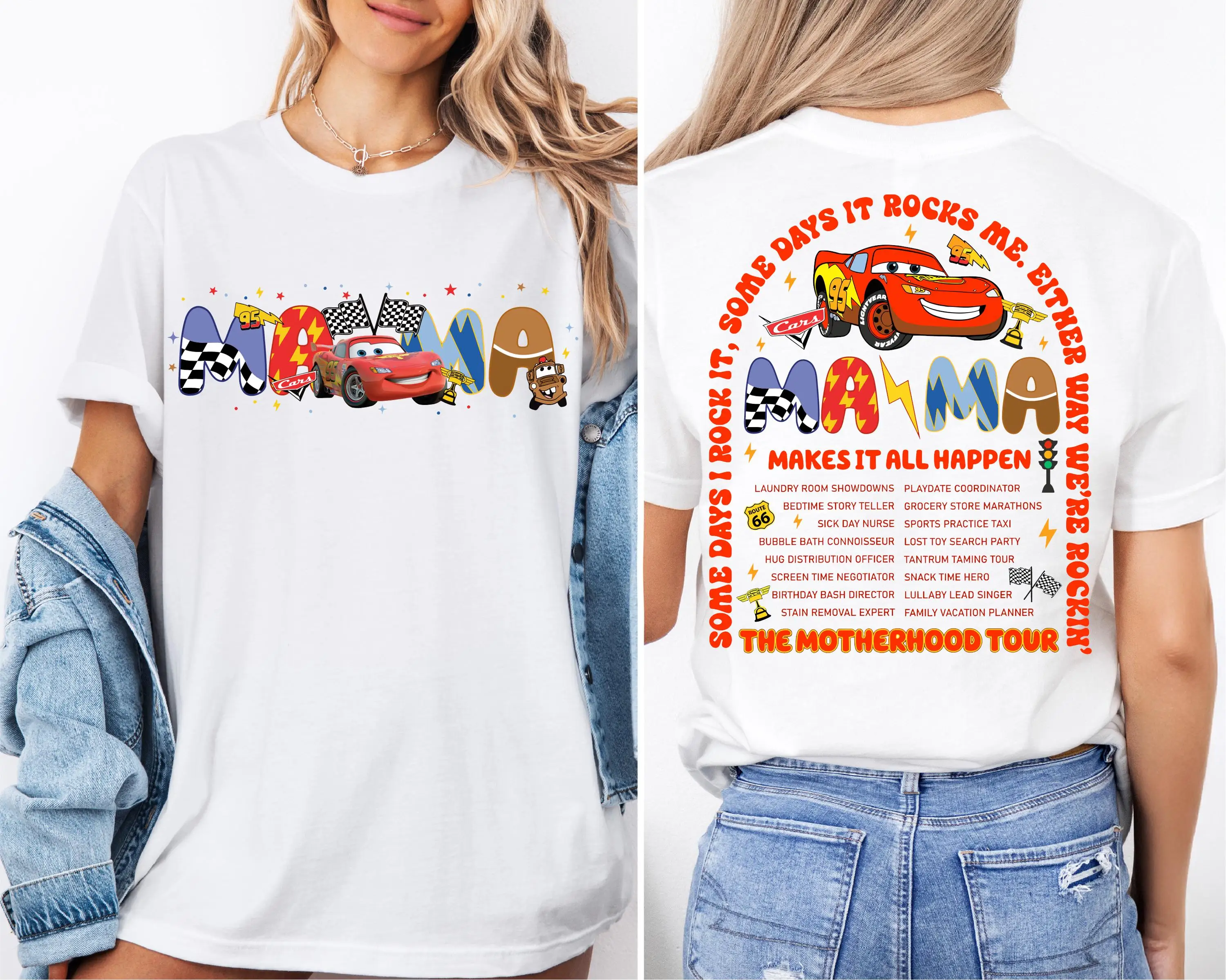 

Disney Cars Mama Dada T-Shirt for Women Pixar Cars Short Sleeved Cotton Tee Lightning McQueen Friends Racing Shirt Women T-Shirt