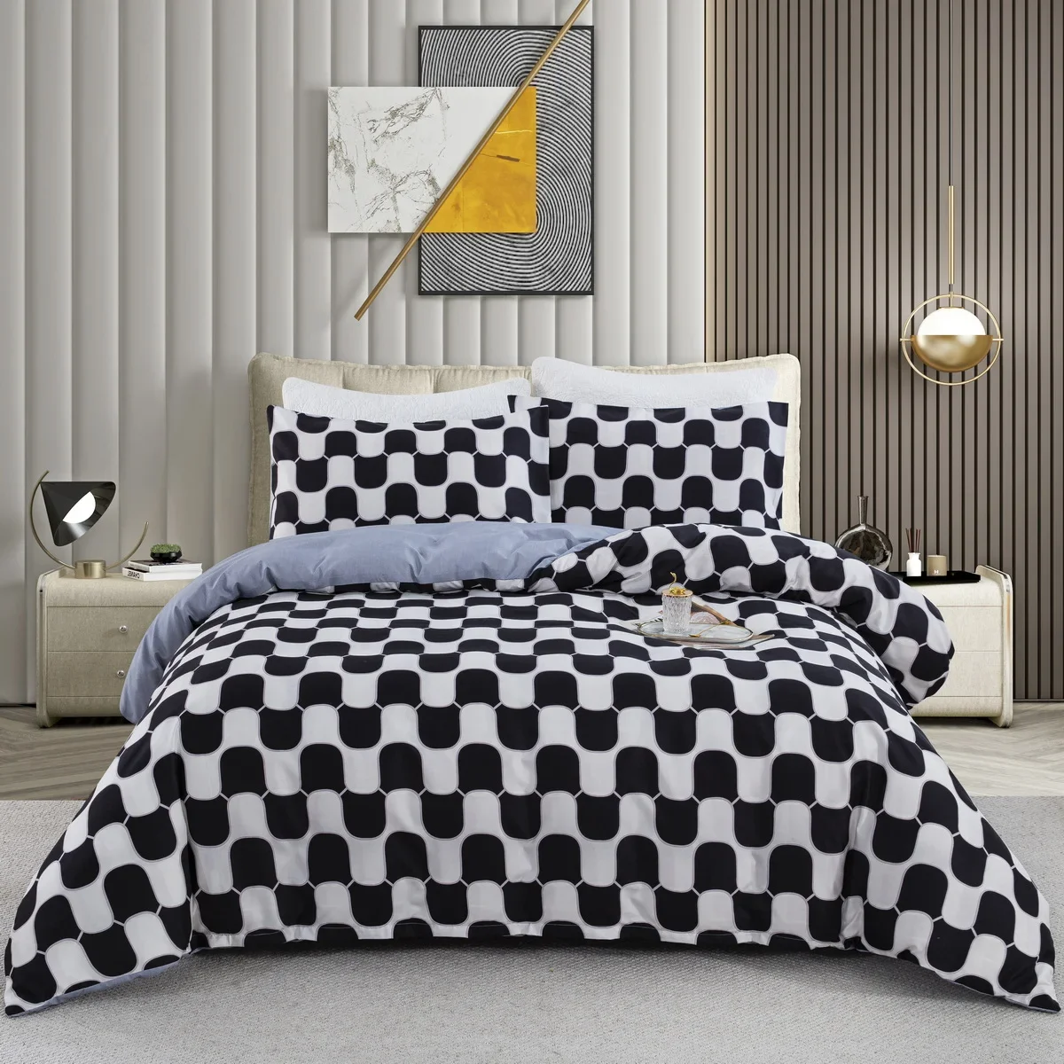 Imagem -06 - Single-sided Impresso Duvet Bedding Grupo Almofadas Confortáveis Cover Colchas Confortáveis Plaid Grid Consolador Preto e Branco Pcs