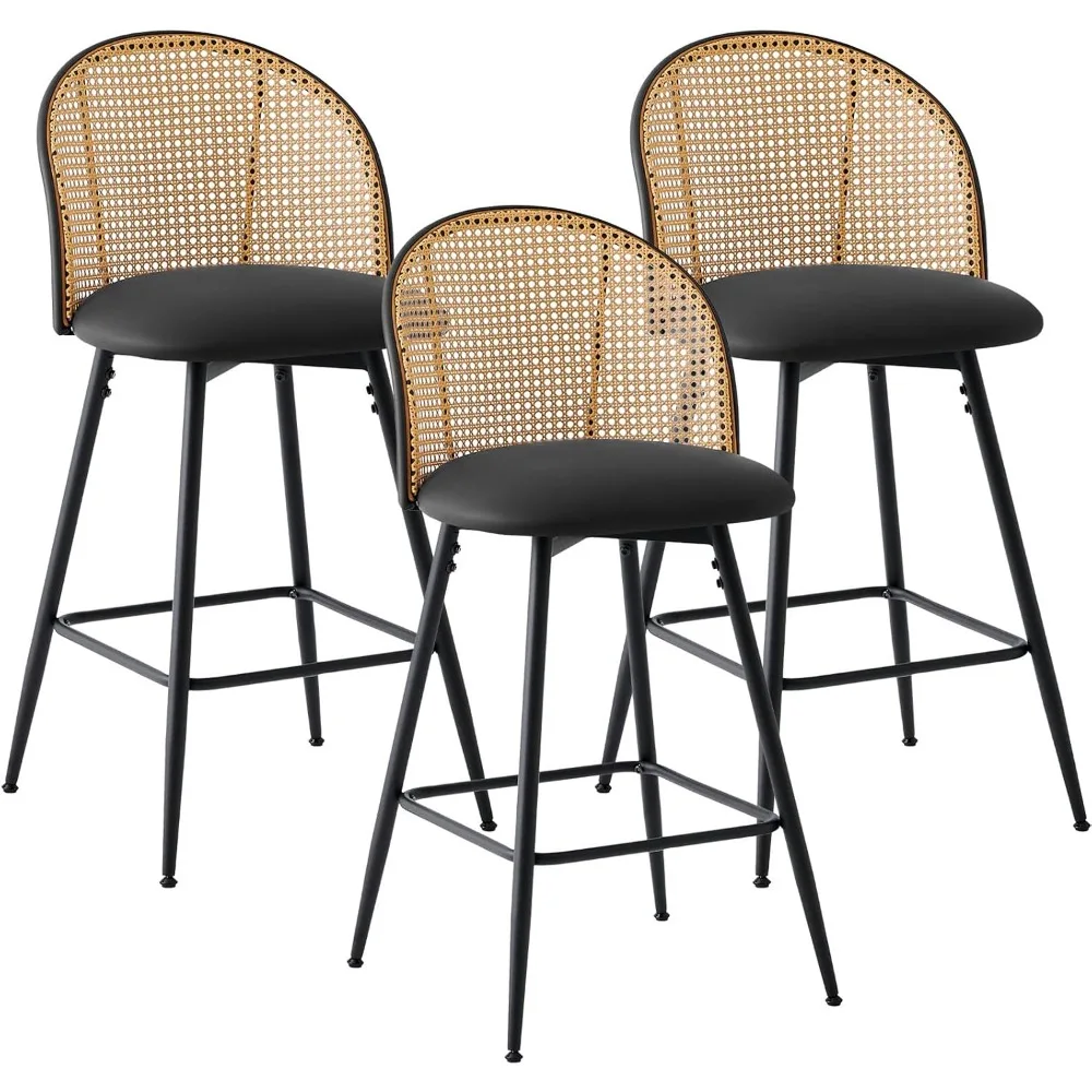 Zestaw 3 czarnych stołków barowych Bekrvio, obrotowe stołki barowe z rattanowym oparciem i metalowymi nogami, stołki barowe o wysokości blatu z 26 cm wysokości, tapicerowane skórą PU.