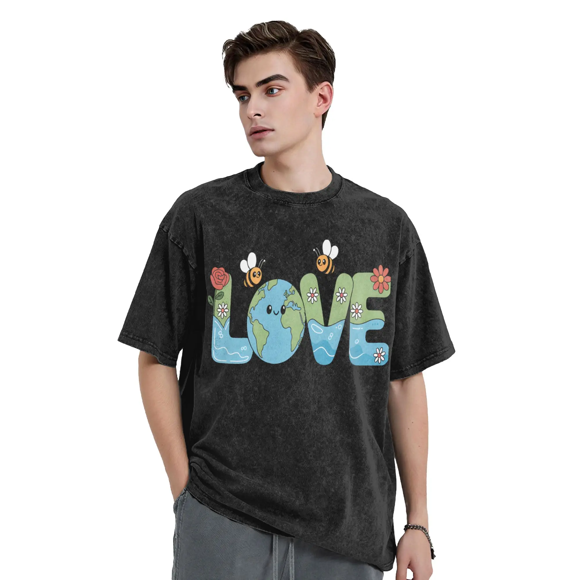 Earth Day Environmental Washed T Shirt Streetwear Hip Hop Vintage T-Shirts Tees Men Women Cotton High Street Graphic Printed