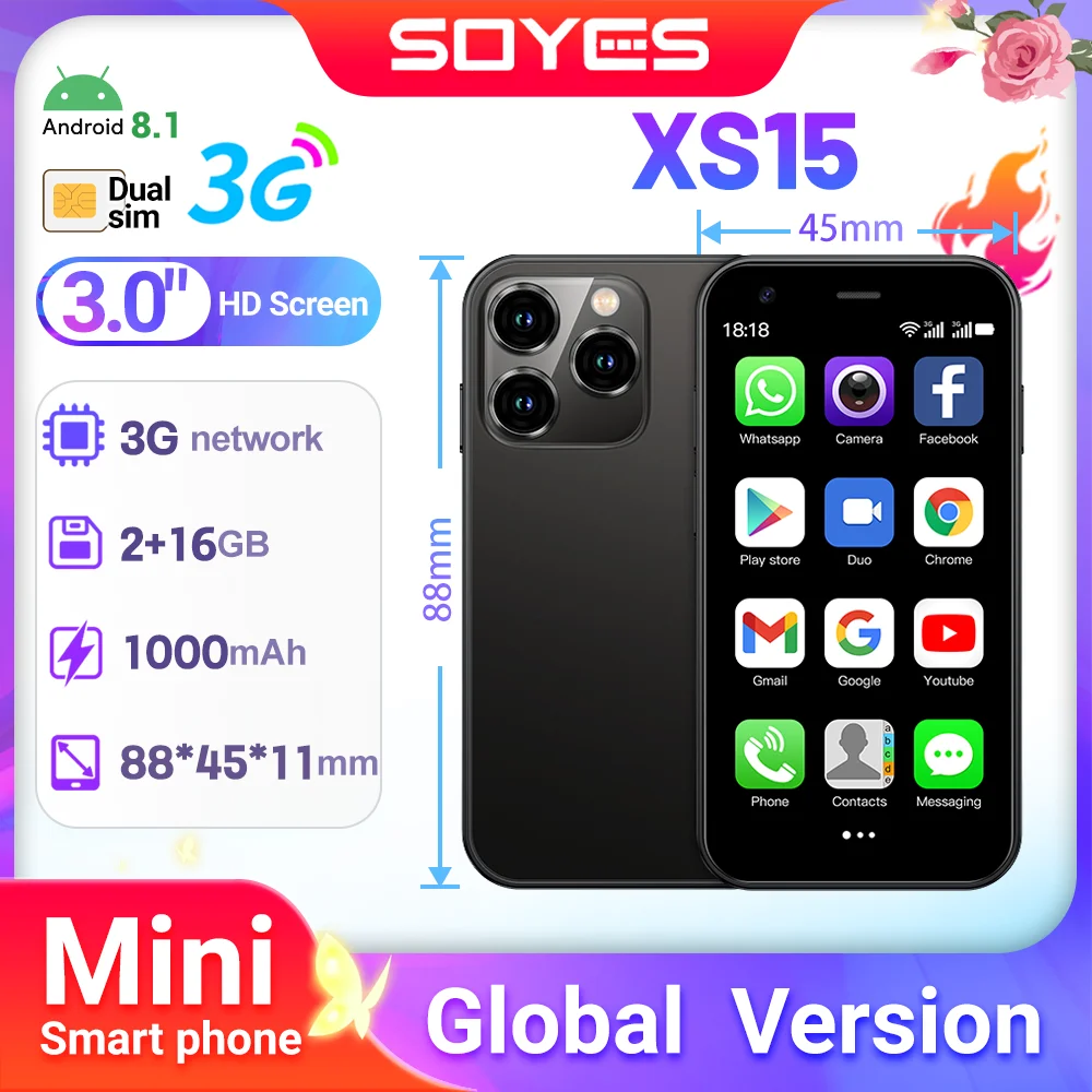 SOYES XS15 Mini Android8.1 Smart Phone 3.0 Inch Display 2GB RAM 16GB ROM Dual SIM Standby Play Store 3G Little Phone