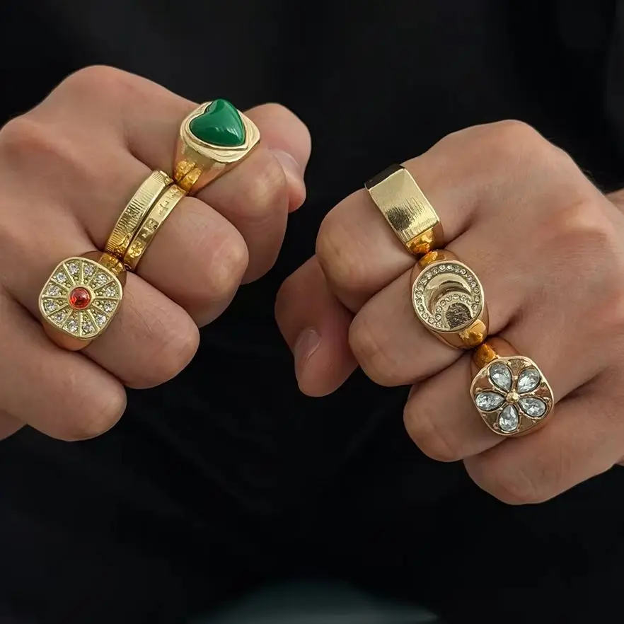 IngeSight.Z 7 Pcs/Set Punk Retro Inlay Rhinestone Opening Rings for Men Creative Gold Color Stackable Finger Rings Jewelry New