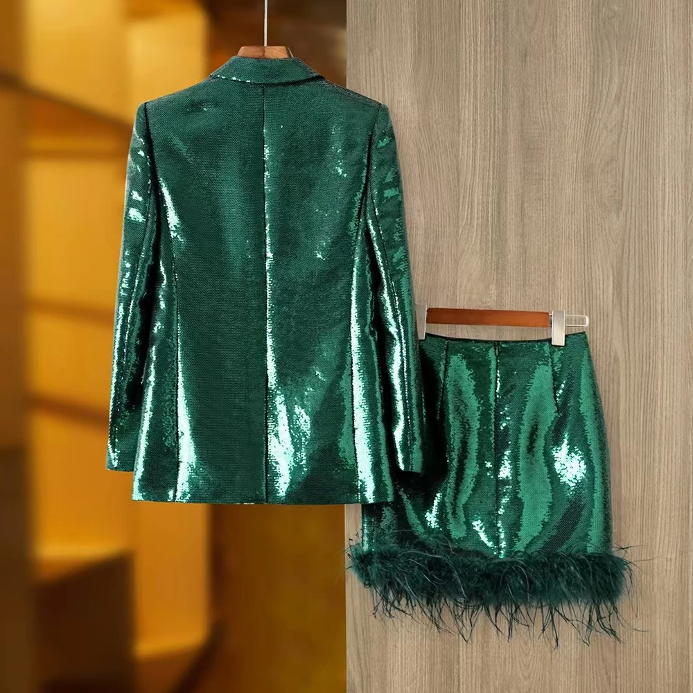 Elegant High Quality Suit Set 2024 Women Blazer Sequins Feather Notched Long Sleeve Shiny Skirt Mini Holiday Party Club Summer