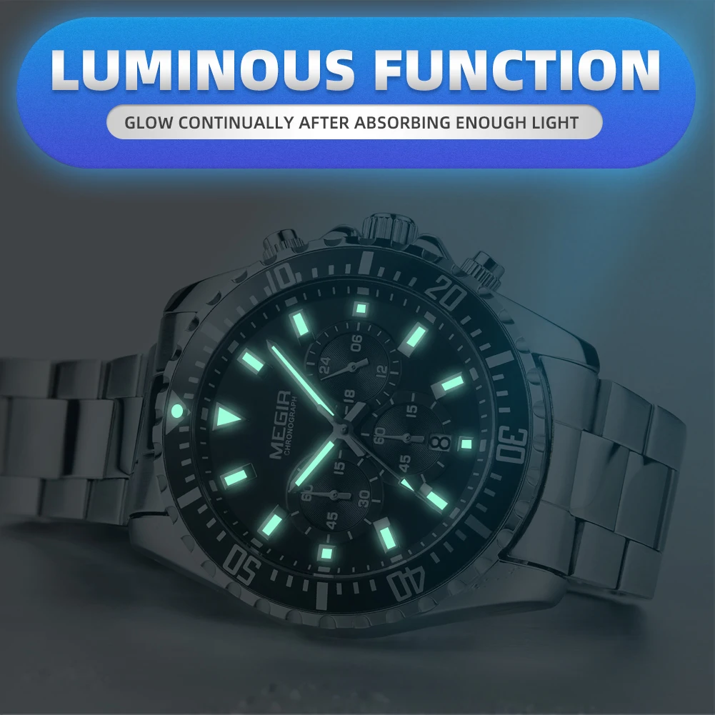 MEGIR Luxury Men Watches Sports Quartz Chronograph Stainless Steel Bracelet Large Dial Business Waterproof Luminous Date Clock