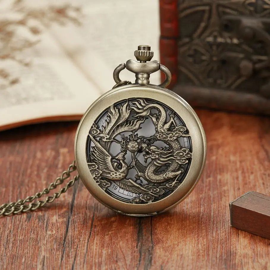 Vintage Bronze Chinese Style Dragon Design Quartz Pocket Watch With Necklace Chain Best Gift 2025