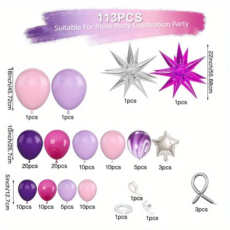 113-teiliges Explodierendes Sternchen Rosa Lila Ballon-Set Folienballons für Geburtstag Hochzeit Babyparty Party-Hintergrund Dekorationen – Detail 2