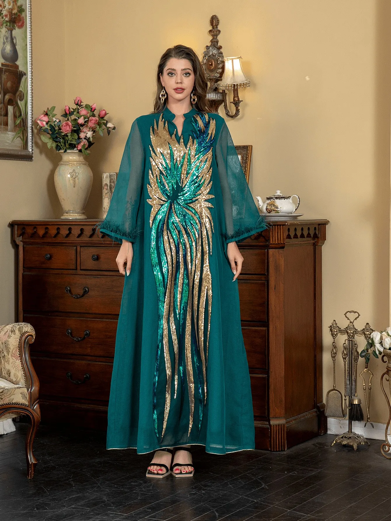 

Летнее женское платье с V-образным вырезом и длинными рукавами, элегантное вечернее платье для женщин, макси-платье из полиэстера с перьями страуса и пайетками