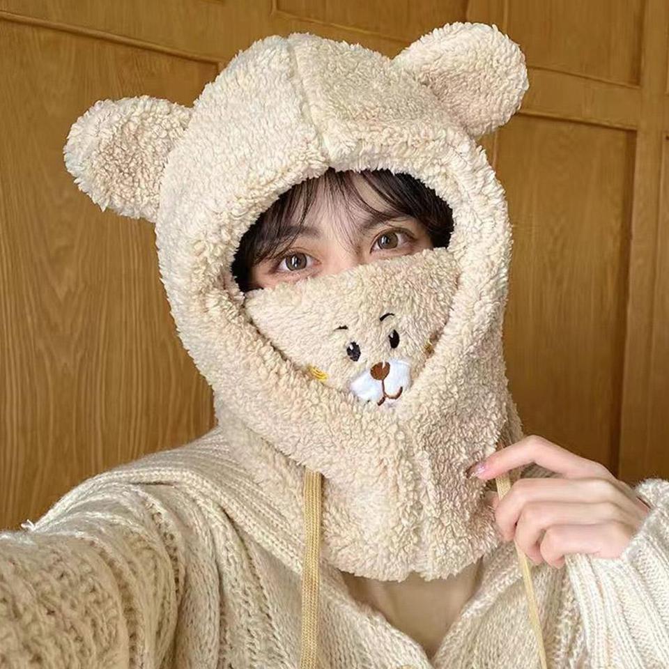  Winter Cartoon Hat With Mask Bear Lamb Beanie Hats Warm Thickened Ear Protection Beanies for Women Girl Scarf Hat 
