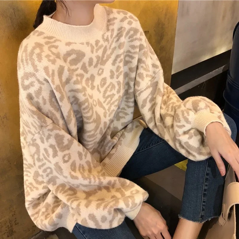 

Sweater Women Turtleneck Leopard Knitted Sweater Animal Print Winter Thick Female Pullovers Casual Tops Oversized Sweater 2023