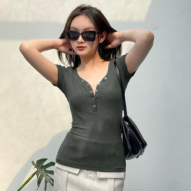Nice Women's Sexy V-Neck T-shirt New Solid Summer Short Sleeve Tees Fashion Button Top Casual Slim Streetwear Female Knitted T-s