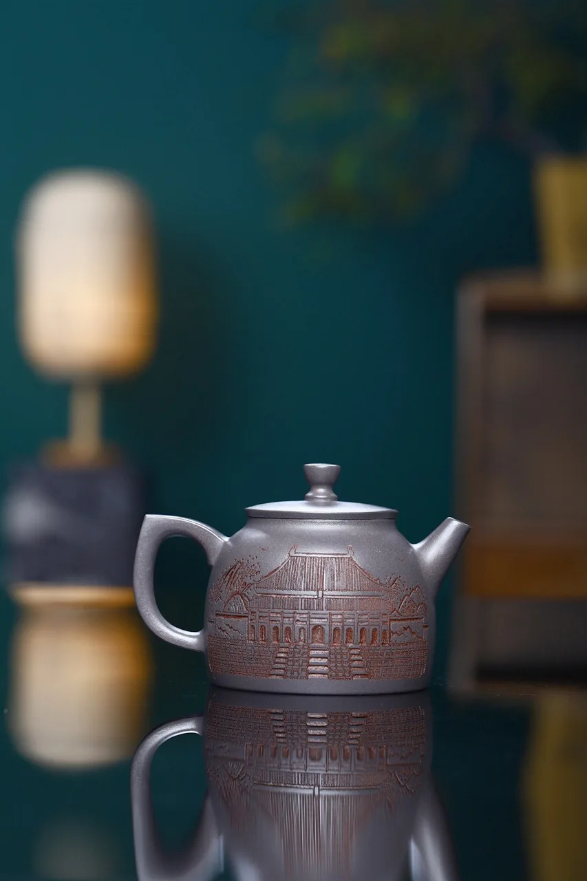 Yixing Handmade Carved‑Scenery Jinzhong Zisha Teapot, Private‑Stored Natural Azure‑Blue Clay, Household Kung Fu Brewing Teapot