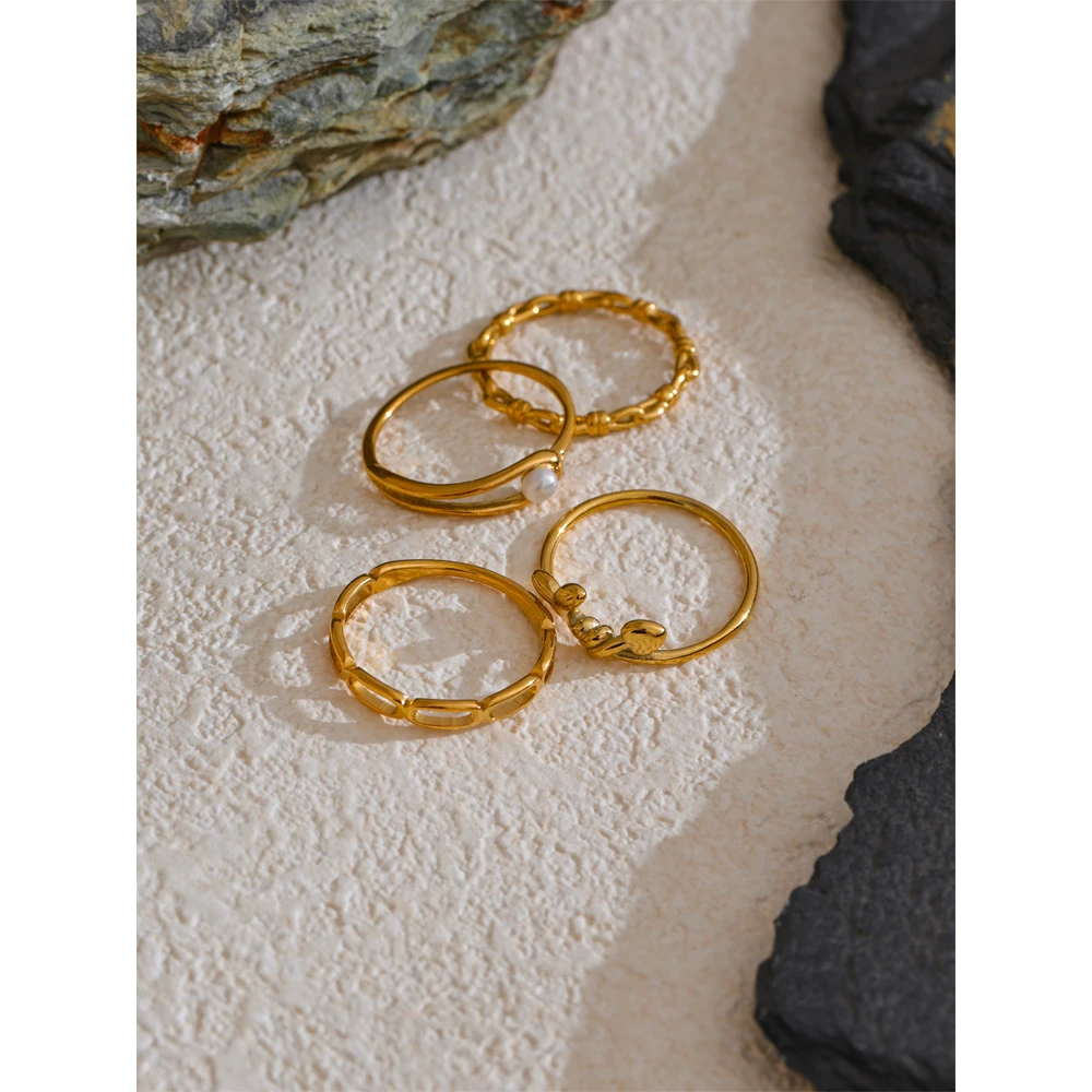 Yhpup Stainless Steel Natural Pearl Chain Geometric Stackable Thin Ring 18K Gold Color Minimalist Finger Jewelry Wholesale Gift