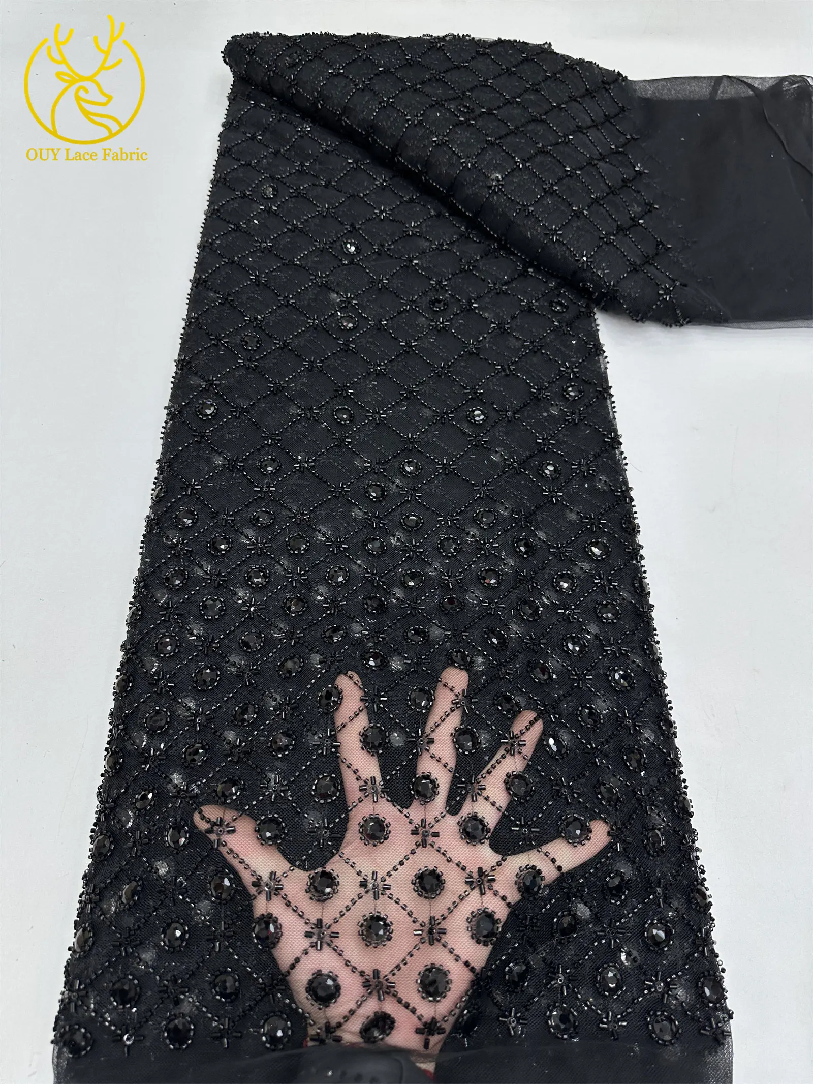 Smaragdgrüner Afrikanischer Tüll mit Perlen, Hochwertige Französische Pailletten-Spitze, Nigerianischer Mesh-Tüll für Hochzeitskleider – Detail 22
