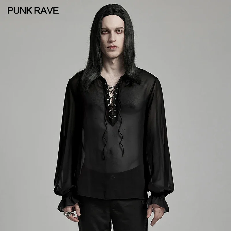 PUNK RAVE Men\'s Gothic Pattern Light Perspective Chiffon Gradient Shirt Classic Loose Gentleman Lantern Sleeves Tops