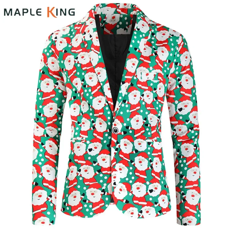 Natale Decorazioni 2024 Funny Santa Claus Print Mens Blazer Jacket Christmas Party Dress Suit for Men Costume De Luxe Pour Homme