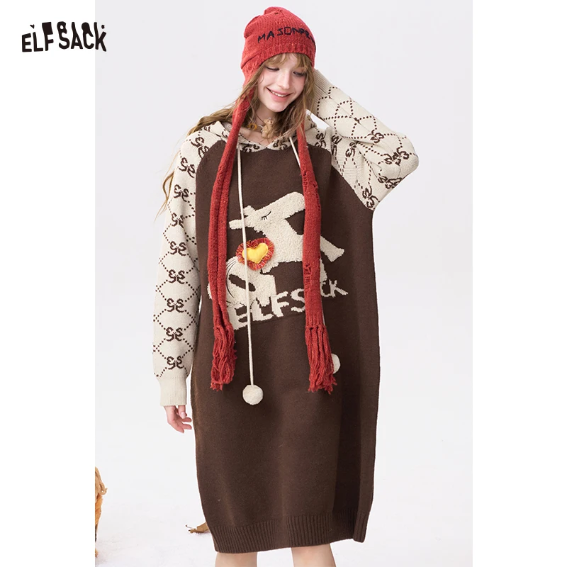 

ELFSACK Y2K Casual Cute Graphic Diamond Hooded Long Sleeve Knit Dress For Women