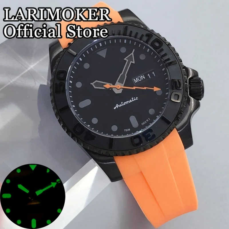 

LARIMOKER 40 мм NH36 мужские механические часы с дисплеем недели, сапфировое стекло, полностью черный циферблат, корпус с PVD-покрытием, оранжевый резиновый ремешок, водонепроницаемый