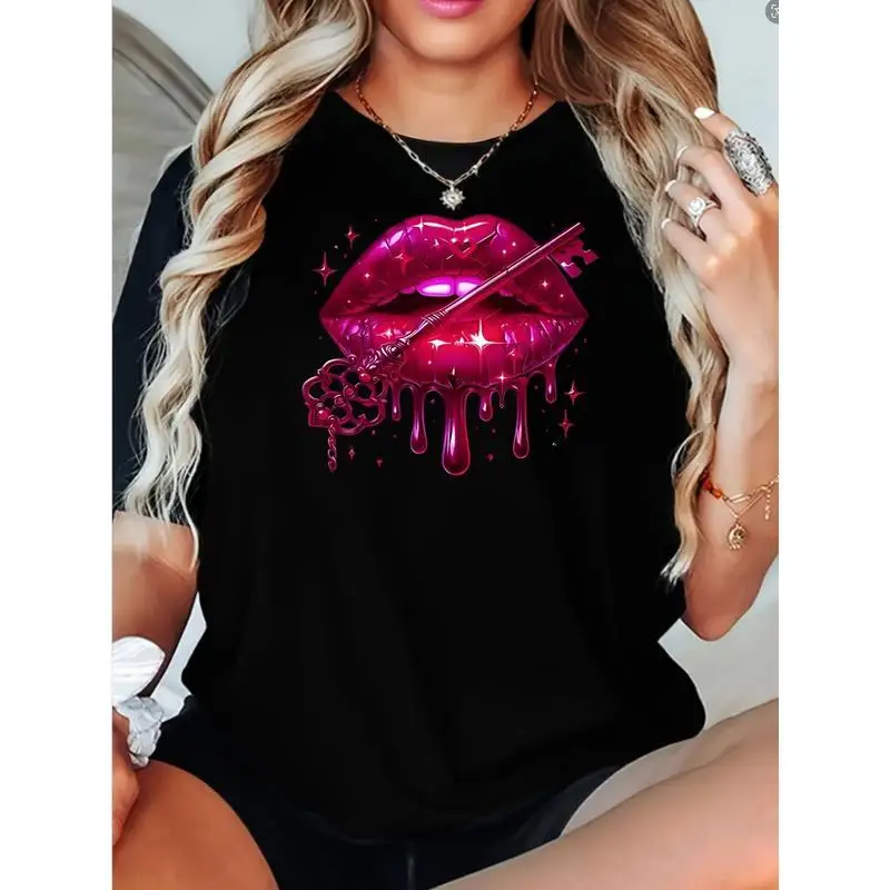 

Женская футболка с рисунком блестящих розовых губ, сексуальная футболка в стиле Y2K, модный готический топ вампира для вечеринок и уличной одежды