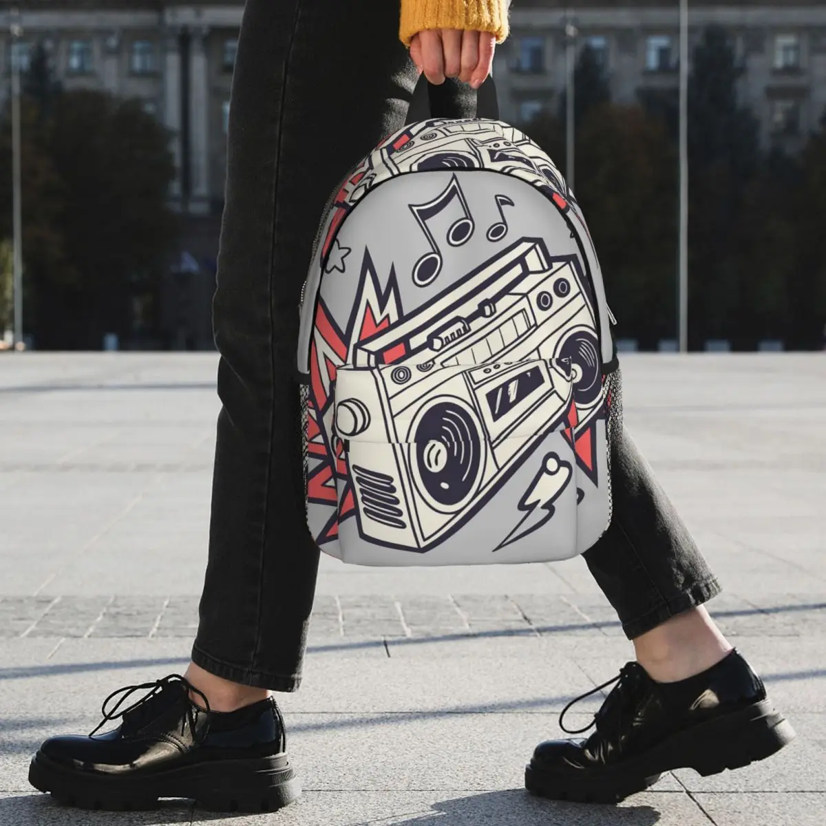 Vintage Grey Cartoon Boombox Backpack Student BookBag Kids School Bag Computer Shoulder Bags for Men Women