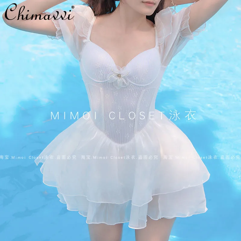 White Princess Tutu Swimsuit Japanese Sweet Girl Kawaii Hot Spring Swimwear Spring Summer New One-piece Bathing Suit Women