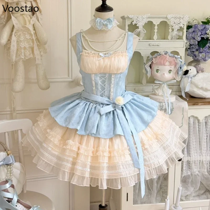 IMU Japanese Sweet Lolita Jsk Dress Women Victorian Vintage Bow Lace Ruffles Party Mini Dresses Girls Kawaii Y2k Mesh Princess D