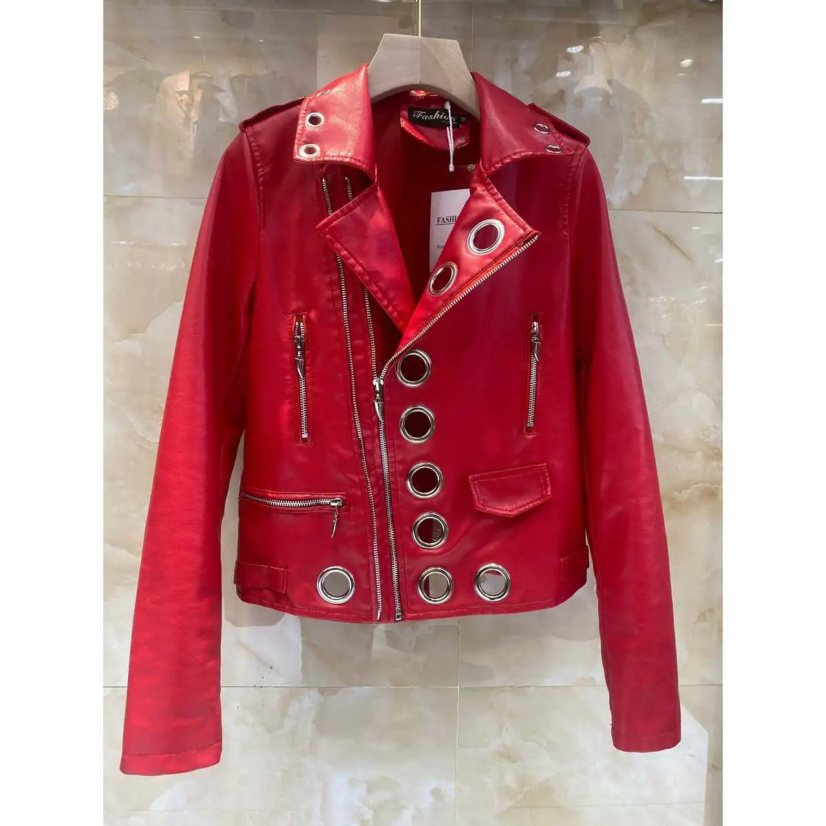 Women Chic Faux Leather Motorcycle Jacket Fall PU Locomotive Bomber Coat Zipper Cardigan Metal Rings Hollow Streetwear Crop Tops