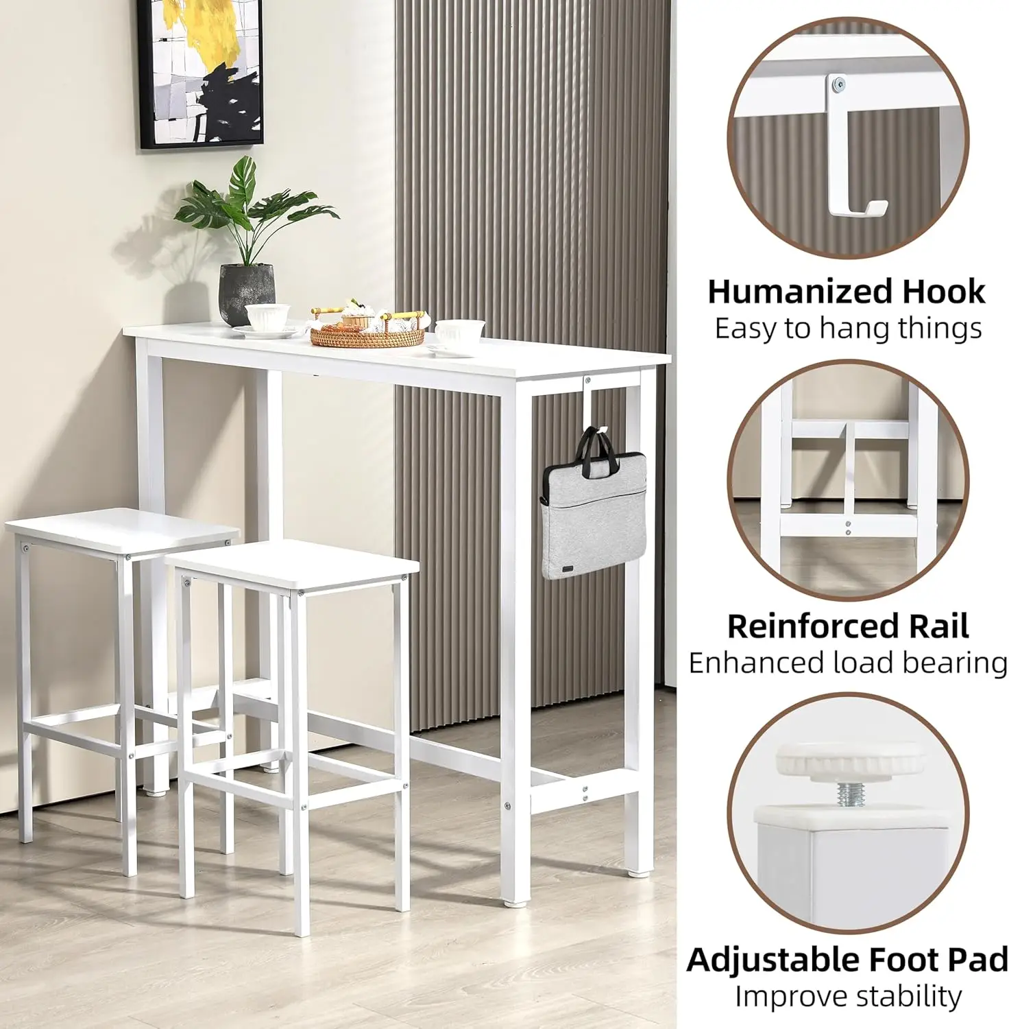 Bar Table Set, 47" Pub Table High Top Table, Rectangular Bar Height Table, Bar Table with Stools, Kitchen Table Set for 2, Indus