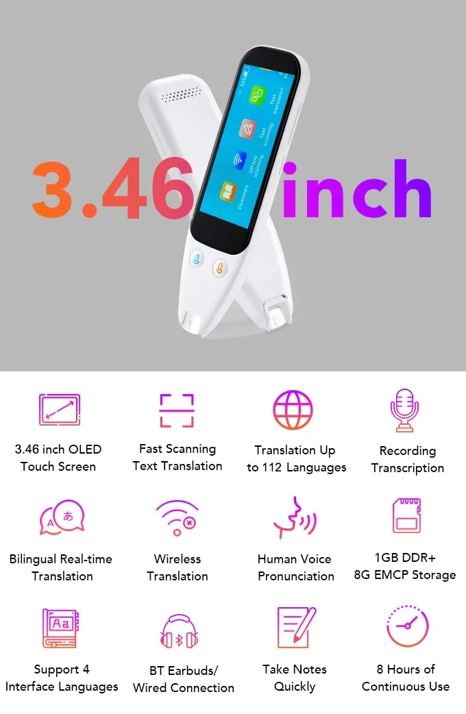 3.46 Inch AI smart Translation Multi-language Portable Smart Voice Translator Scan Marker Pen For Real Time Translation Handheld