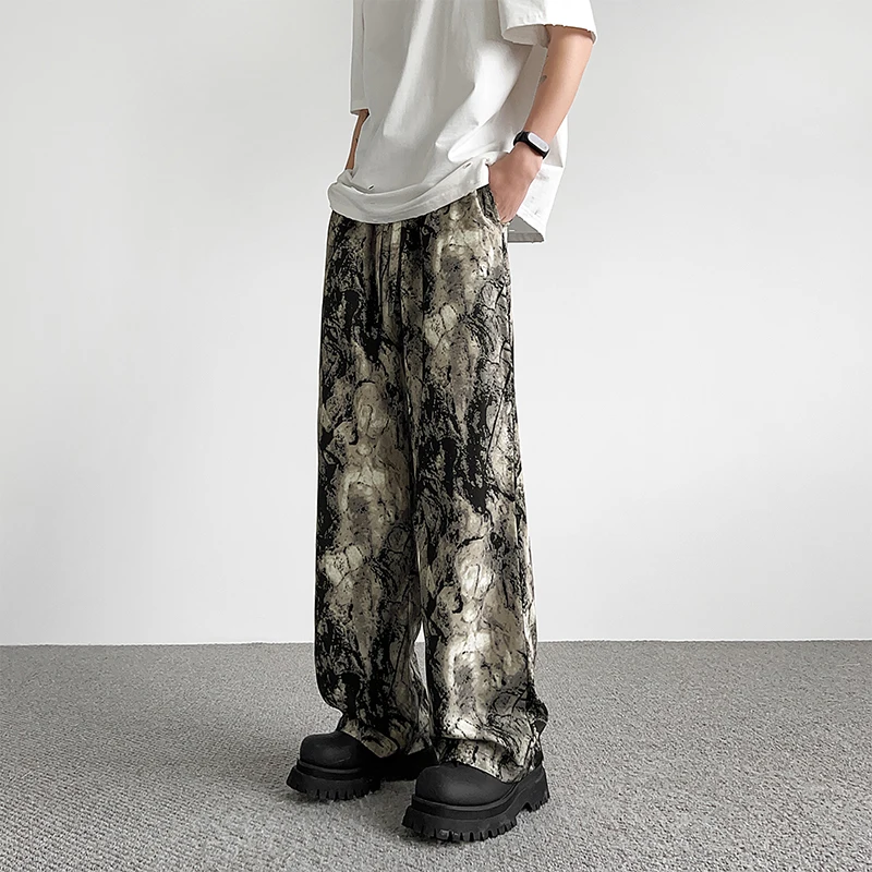 Trendy New Summer Ice Silk Fabric Men's Printing Tie Die Pockets Elastic Waist Drawstring Casual Loose Wide Leg Straight Pants