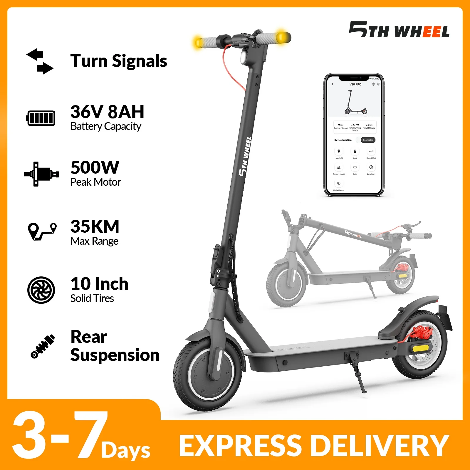 Image of 5TH WHEEL Elektroroller für Erwachsene 25km/h, 500W Spitzenmotor, Reichweite 32km, 10 Zoll Vollreifen, Doppelbremse, App-Steuerung, Urban E-Scooter mit Blinker