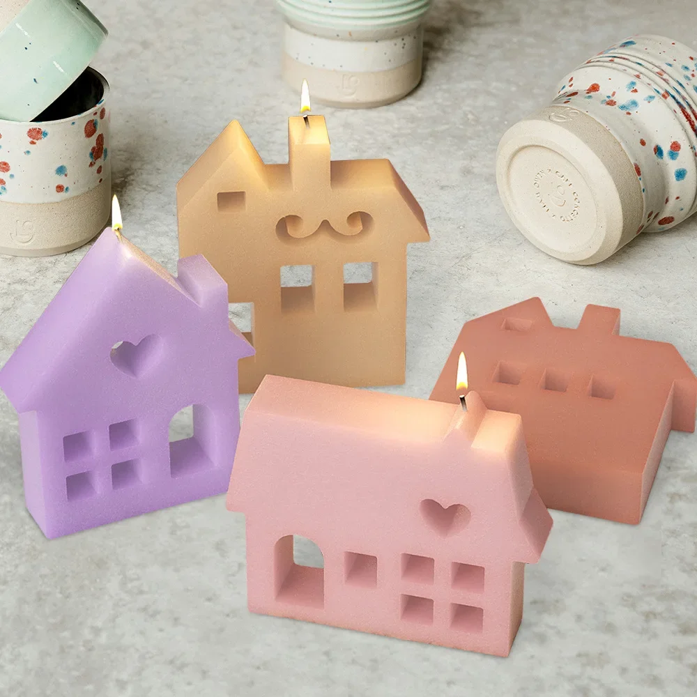 Multi Style Cartoon Geometry Candle Making Mould Chimney House Soap Resin Silicone Mold Hollow Heart Building DIY Birthday Gifts