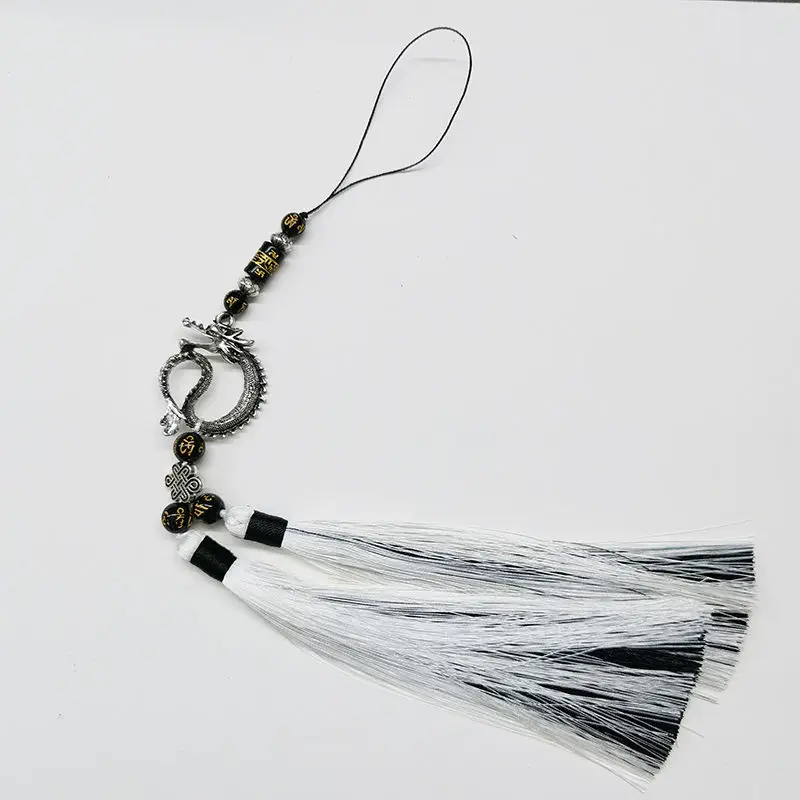 Chinese Sword Dual Color Tassel Black and White Fan Pendant Flute Car Pendant with Hanfu Accessories Bookmark Keychain Ring