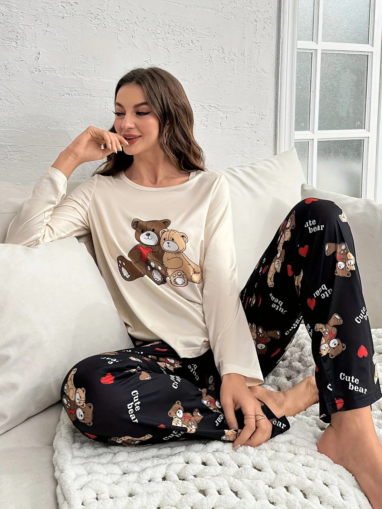 Bear print long sleeve trousers pajamas set